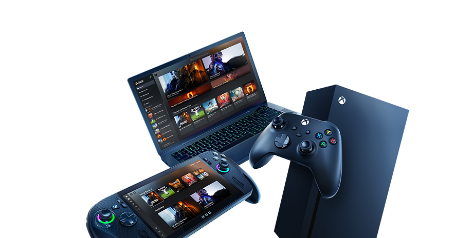 XBOX games shown across console, laptop, and handheld